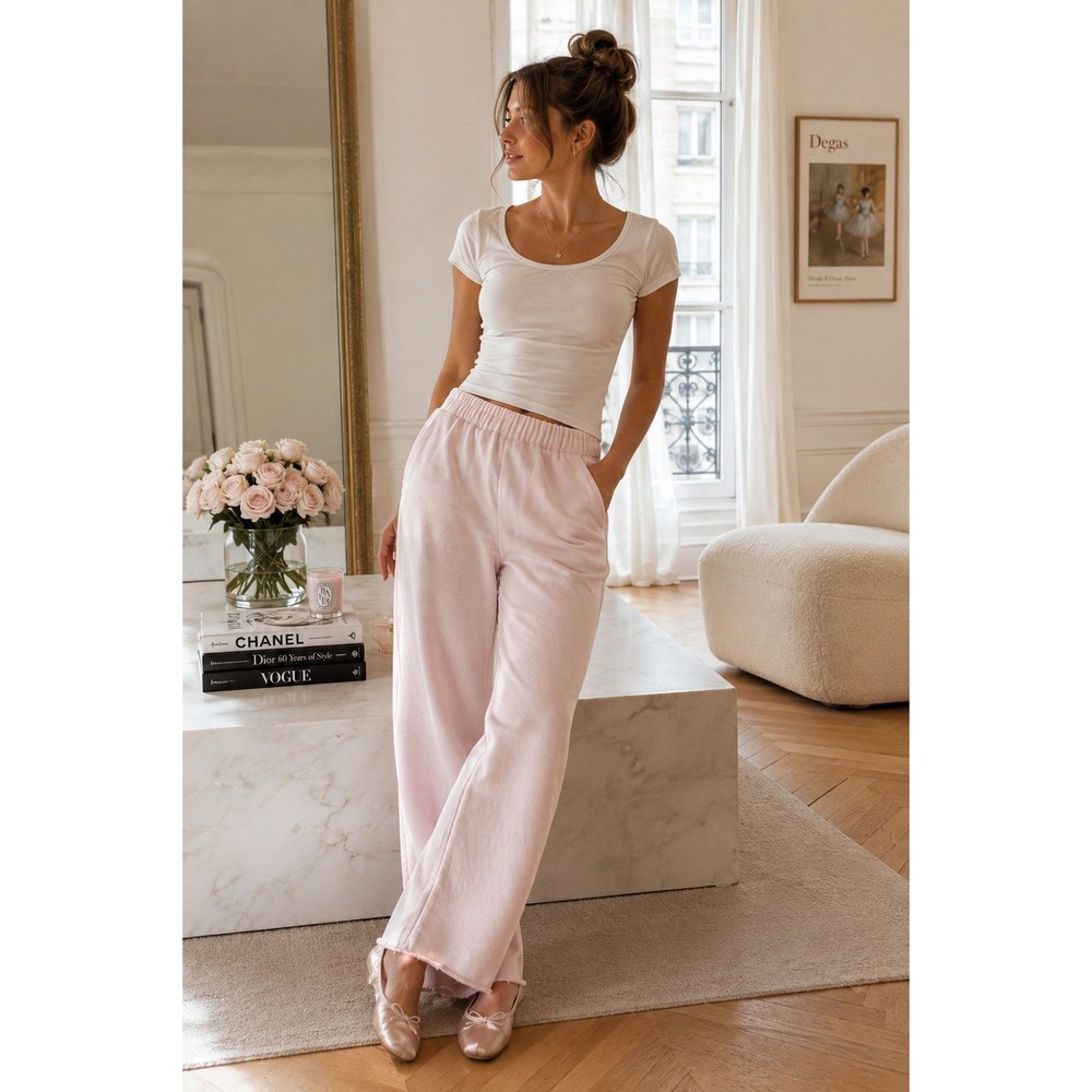 Womens Blush Pink Lounge Pants Elastic Waist Raw Hem Straight Leg Balletcore